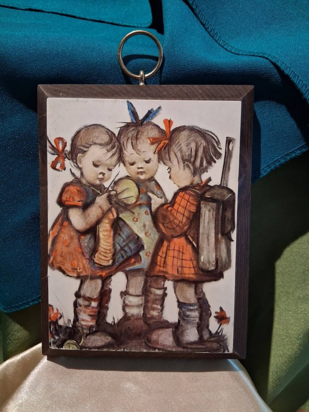 Vintage Wooden Wall Plaque Three Girls Knitting Retro MCM Wall Art Decor